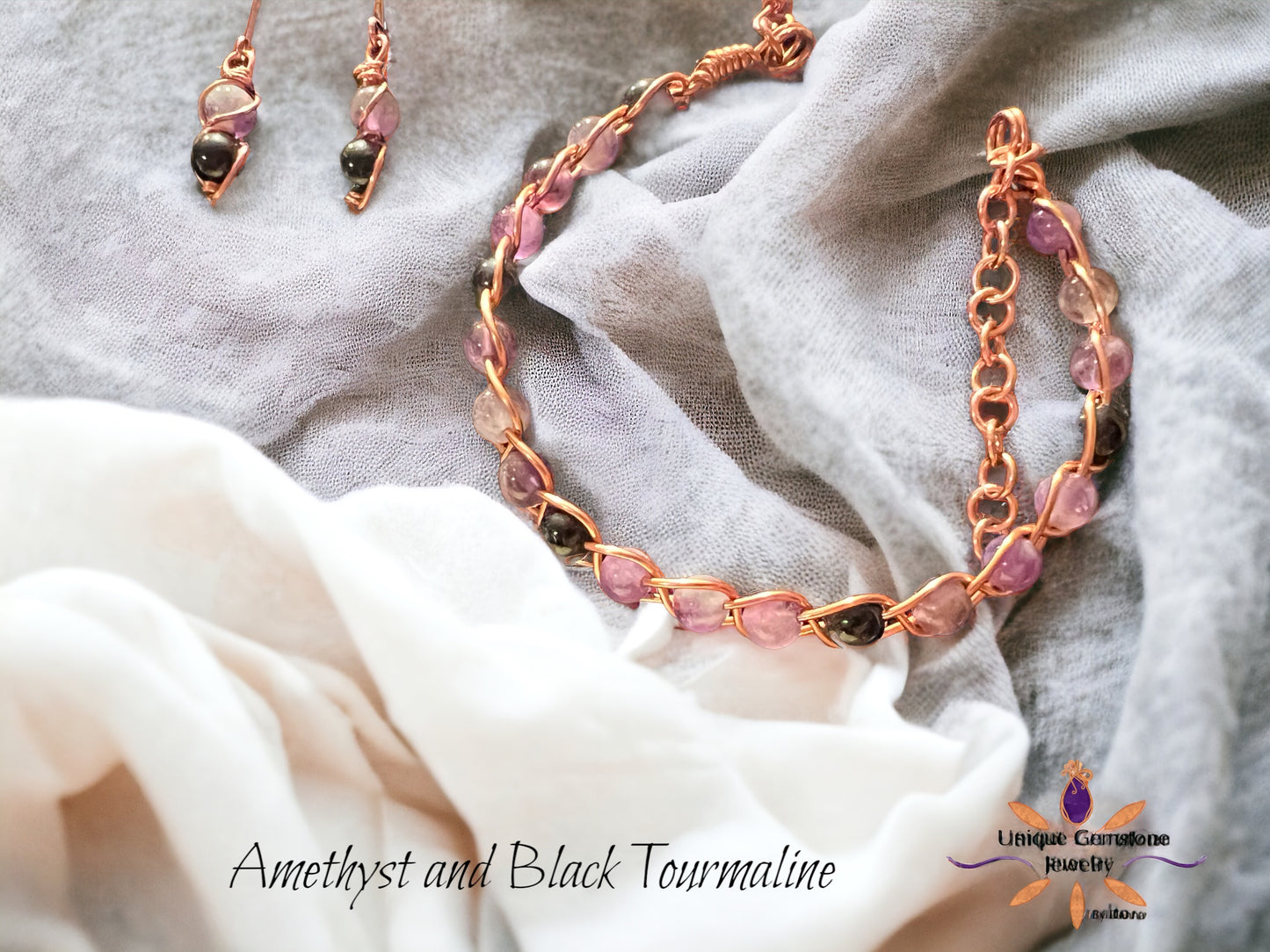 Matching Jewelry Set  - Amethyst and Black Tourmaline Gemstone Beads