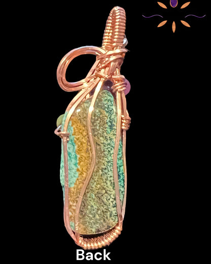 Green Earth Jasper with Dyed Agate Accent Beads Copper Pendant