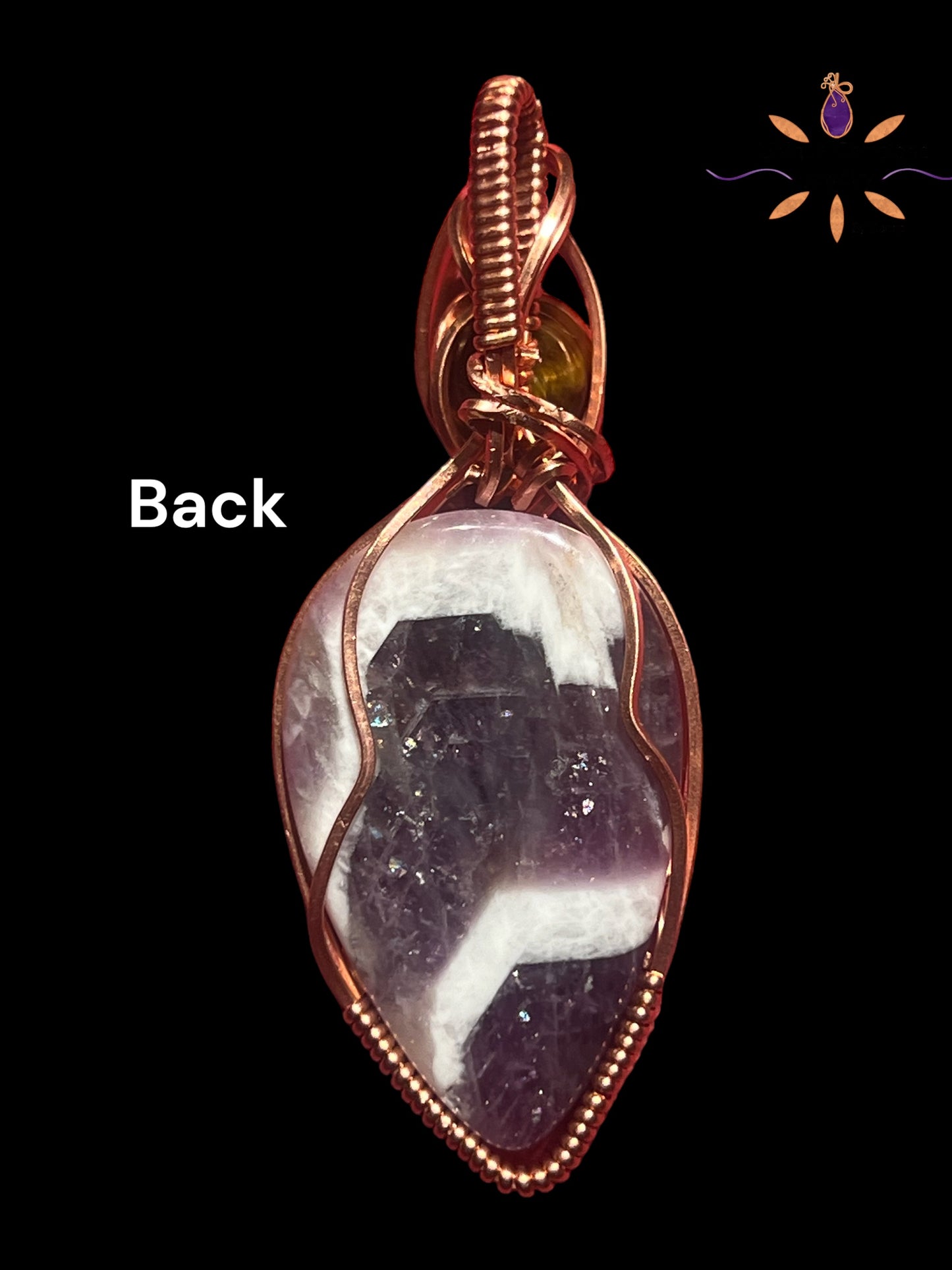 Banded Amethyst Gemstone Pendant with Tiger Eye Bead wrapped in Copper