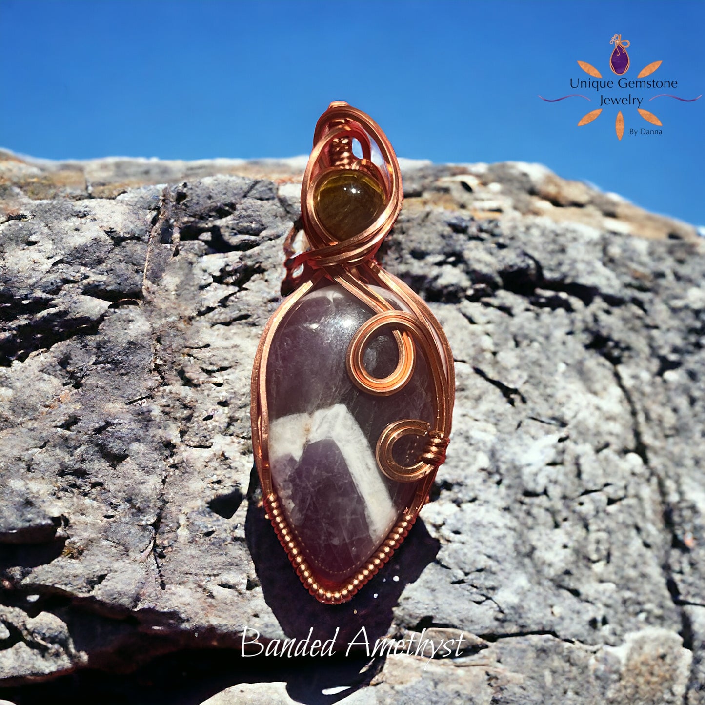 Banded Amethyst Gemstone Pendant with Tiger Eye Bead wrapped in Copper