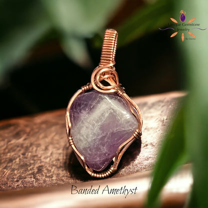 Banded Amethyst Gemstone Pendant wrapped in Copper