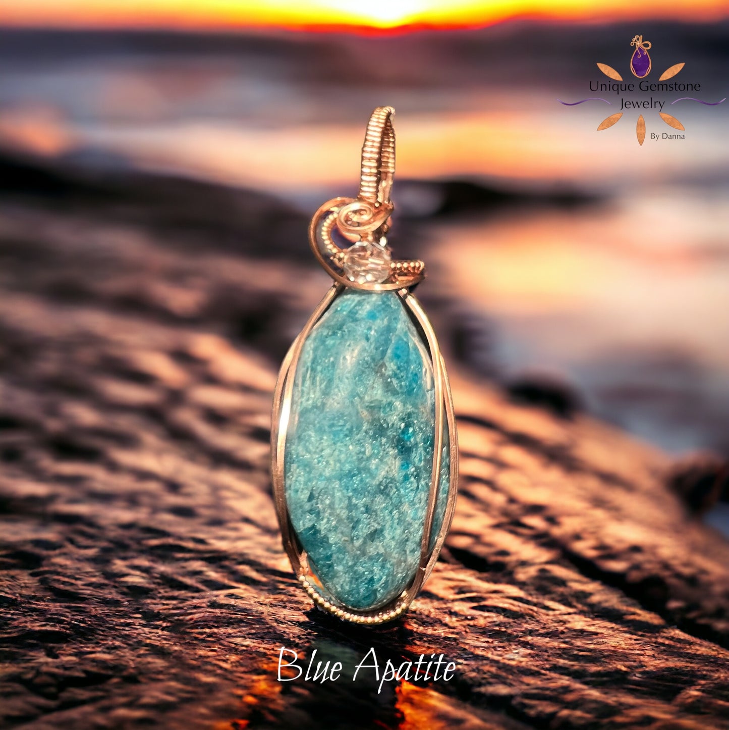 Blue Apatite Gemstone Pendant wrapped in Copper