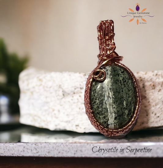 Chrysotile In Serpentine Gemstone Copper Pendant