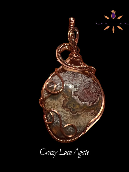 Crazy Lace Agate Semi-Precious Gemstone Copper Pendant