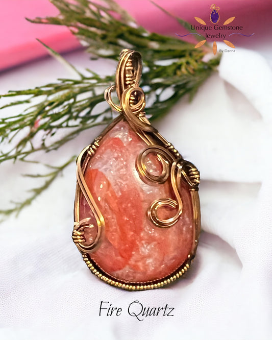 Fire Quartz Gemstone Vintage Bronze Copper Pendant