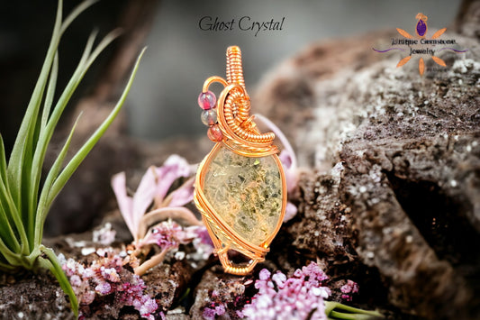 Ghost Crystal with Inclusions and Dyed Agate Accent Beads Copper Pendant