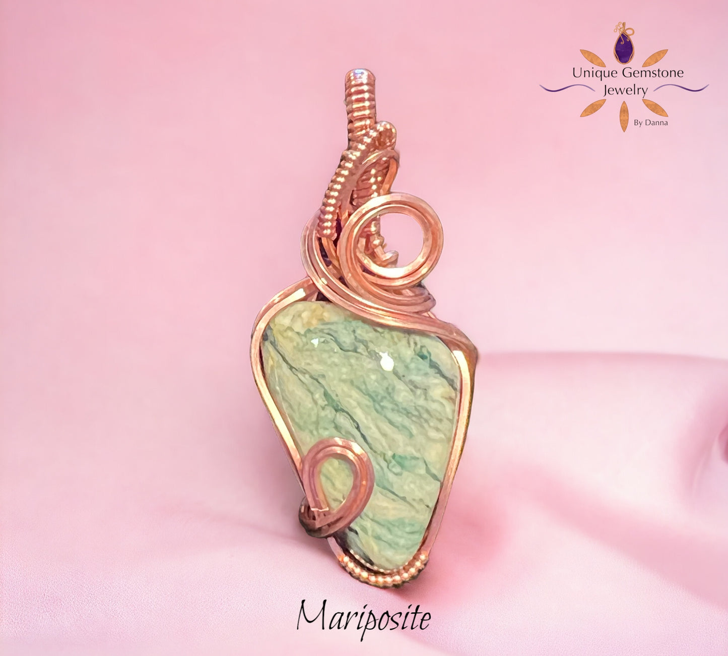 Mariposite Stone Pendant Wrapped in Copper