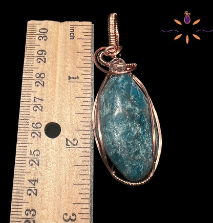 Blue Apatite Gemstone Pendant wrapped in Copper