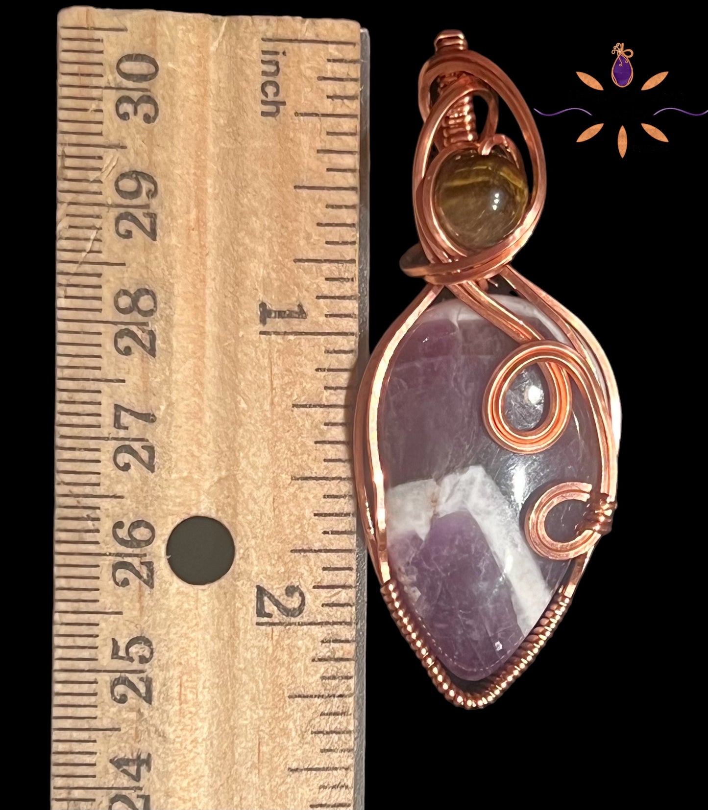 Banded Amethyst Gemstone Pendant with Tiger Eye Bead wrapped in Copper