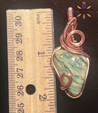 Mariposite Stone Pendant Wrapped in Copper