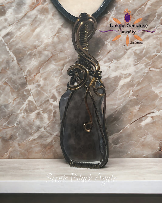 Scenic Black Agate Vintage Bronze Copper Pendant