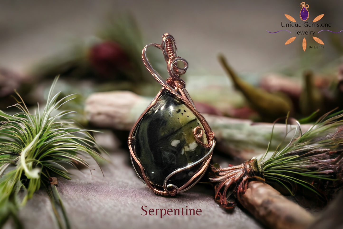 Green Serpentine Gemstone Copper - Silver Pendant